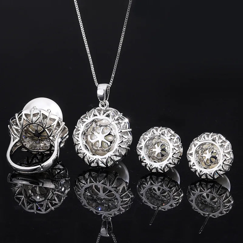 Fashion Eco-friendly Copper 16MM/12mm White Shell Pearl Handmade Bridal Pendant Earrings Ring Set Pearl Jewelry Sets for Brides