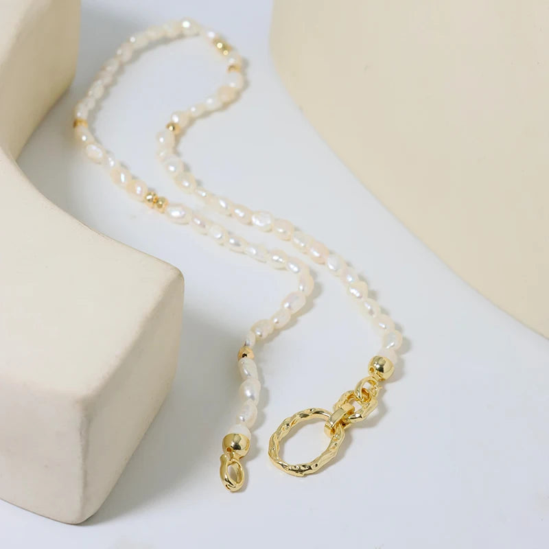 Natural Freshwater Pearl Gold Ring Buckle Necklace Korean Women's Luxury Jewelry Fashion Women's and Girls' Gifts GN0649