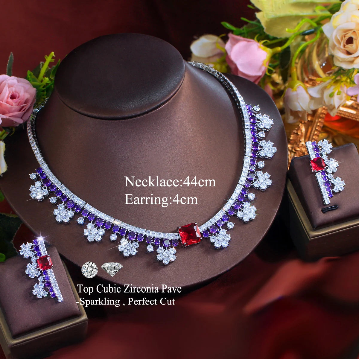 Gorgeous Flower Necklace and Earrings Purple Red Bridal Jewelry Set for Women Luxury Wedding Dress Accessories