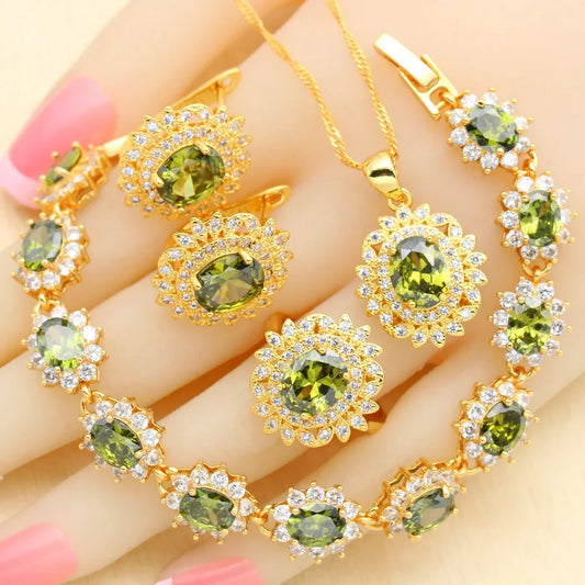 Luxury 18k Gold Plated Zircon Jewelry Set for Women Including Earrings Necklace Pendant Ring Bracelet for Parties Weddings