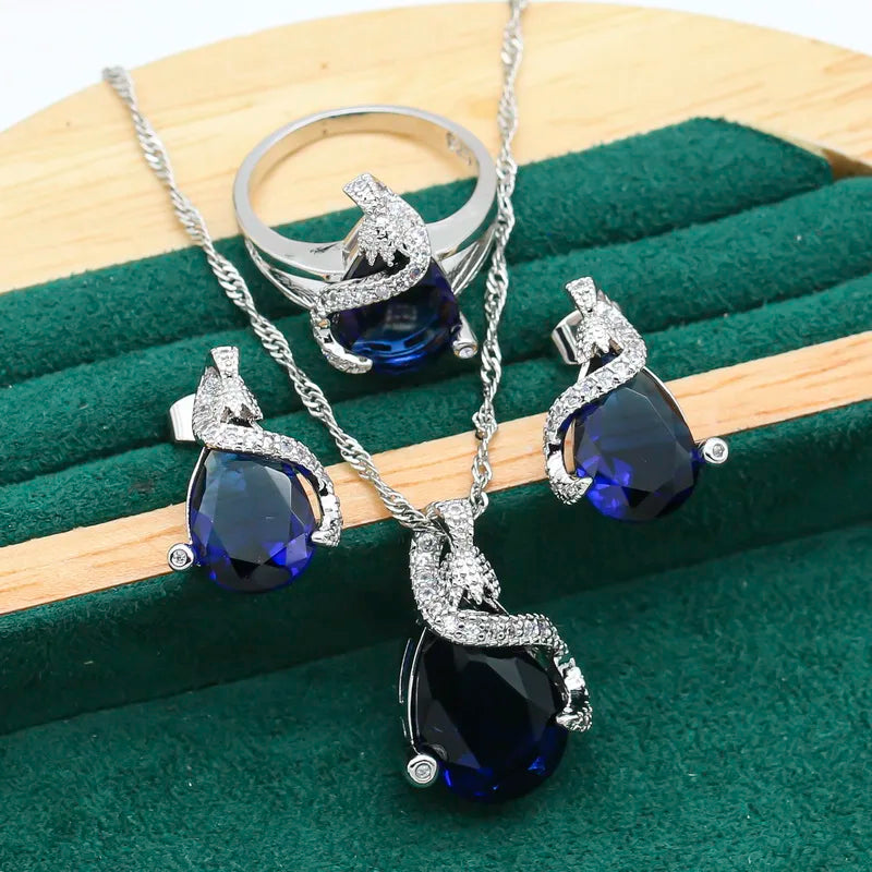 XOTICA Silver Dubai Jewelry Set for Women Royal Blue Semi-Precious Bracelet Earrings Necklace Pendant Ring-for Parties Weddings