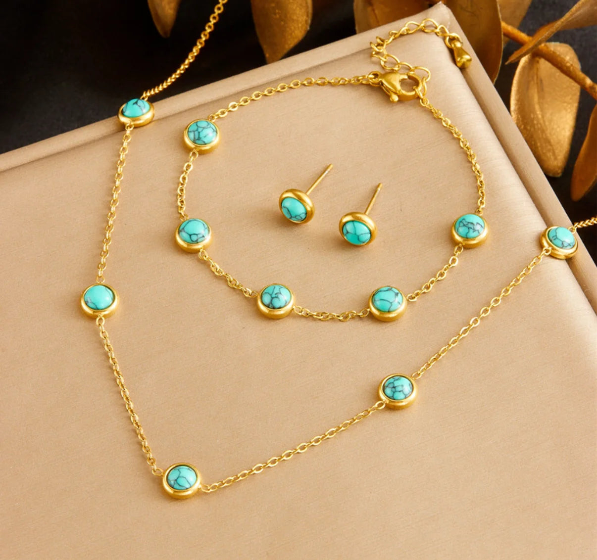 Gold Turquoise Chain Necklace, Earrings & Bracelet Jewellery Set | Boho Luxury Fashion Set