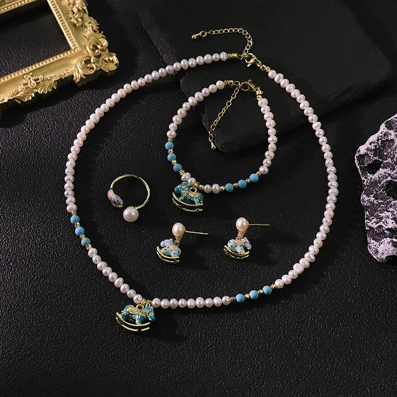 Natural Freshwater Pearl Blue Rocking Horse Jewelry Set for Women Birthday Gift Necklace Bracelet Earrings Ring Dainty Jewelry