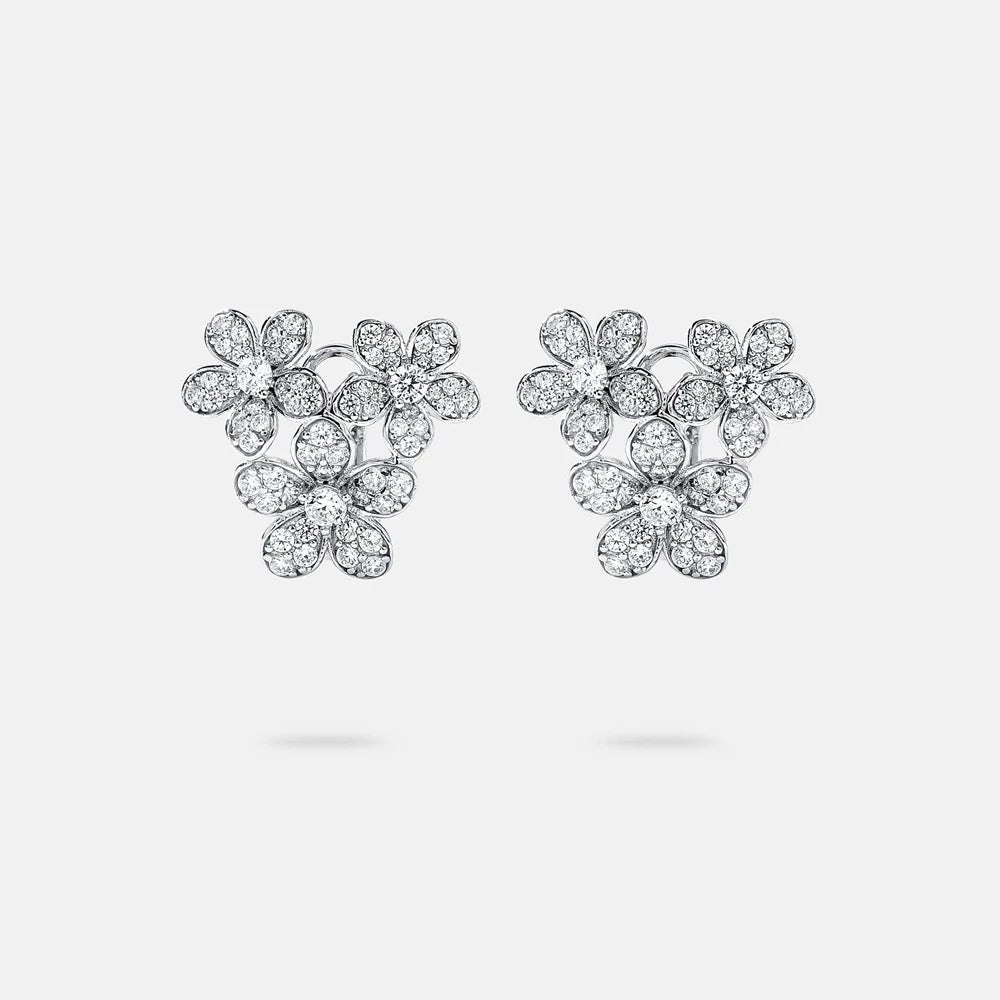 MUSHAN Jewelry Factory Full Diamond Three Flower S925 Pure Silver Petal Stud Earrings High End Electroplated Gold Jewelry