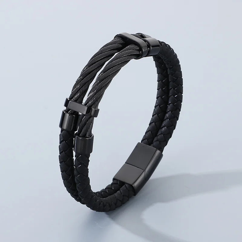 REBEL Trendy Original Unisex Leather Stainless Steel Jewelry Bangle Bracelet