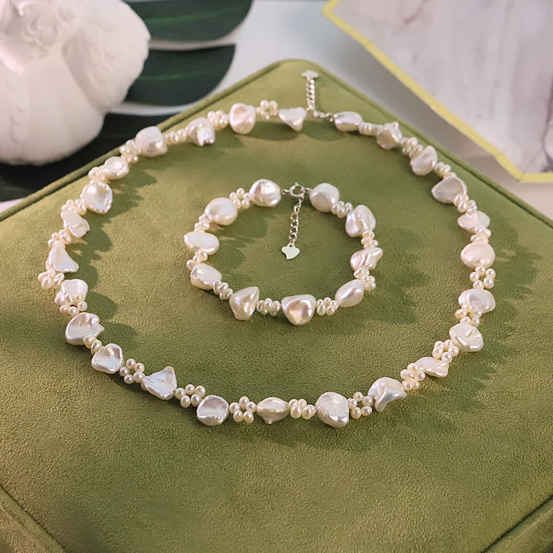 GLSEEVO  Natural Freshwater Pearl Flower Jewelry Set for Women Wedding Engagement Floral Pearl Necklace Bracelet Fashion Jewelry
