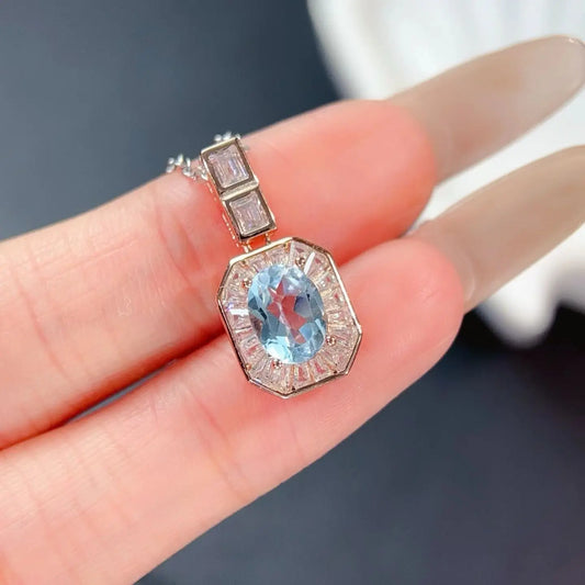 Gioiellieri Classic Natural Sky Blue Crystal Oval Cut Rhodium Plated Luxury S925 Silver Solitaire Pendant Necklace