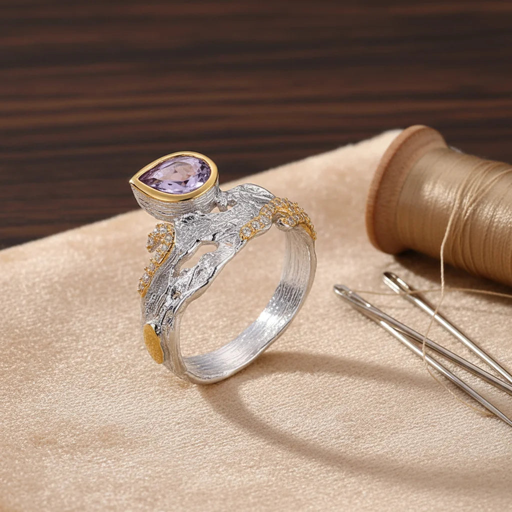 Retro Handmade Amethyst Natural Stone 925 Sterling Silver Ring