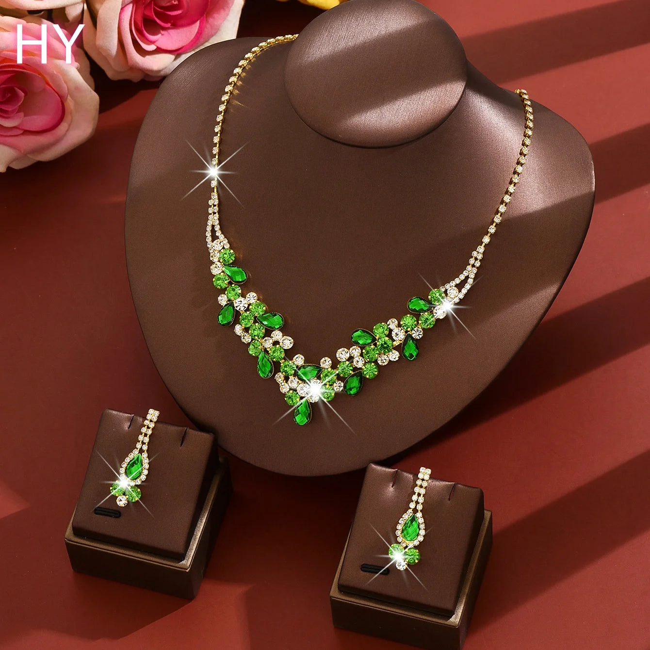 HY   Wedding Jewelry Sets Shiny Rhinestone Tassel Earrings V-shaped Waterdrop Pendant Necklaces for Women Set