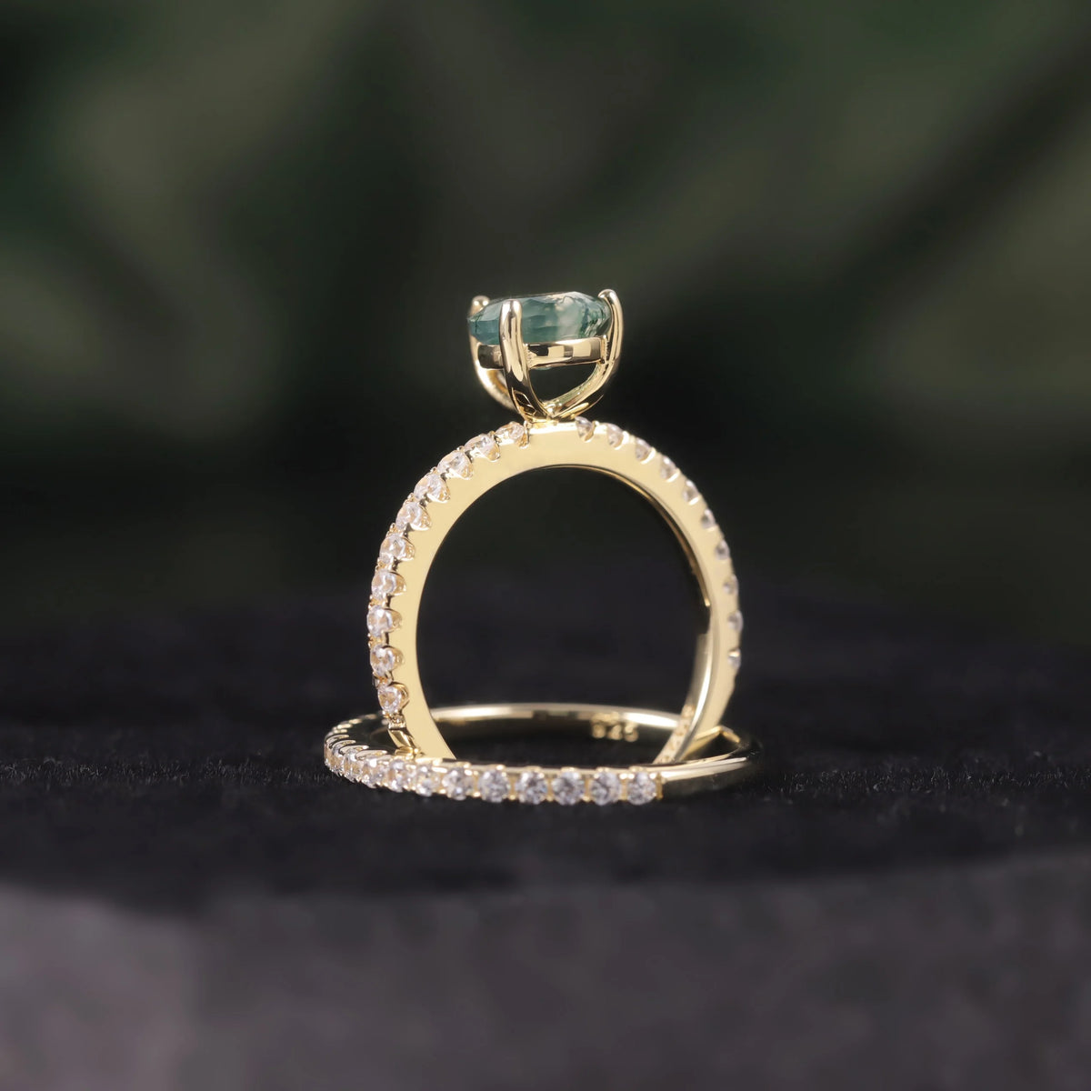 ArtistA Abiding High Quality Pear Cut 6X8MM Green Moss Agate Gemstone Half Eternity Real 925 Sterling Silver 2 Pieces Wedding Rings Set