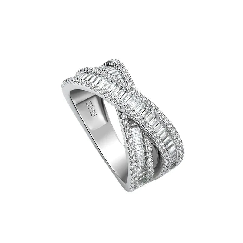 MuShan Jewelry Factory S925 Pure Silver Platinum Plated Crossed Zircon Double Layer Wedding Ring Luxury Design Party Anniversary