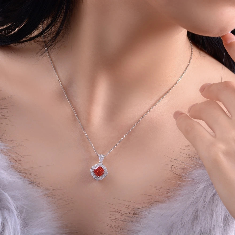 MUSHAN Jewelry Factory Cross Border Bestseller 925 Sterling Silver 2 Carat Square Padma Red 7*7 Necklace 40+5cm