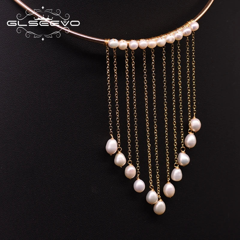 Natural Fresh Water Pearl  Necklace for Women Engagement Gothic Handmade Long Layered Necklace