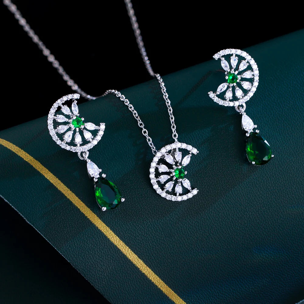 Dainty Blue Water Drop Cubic Zirconia Engagement Half Round Pendant Necklace and Earrings Fashion Jewelry Set for Women