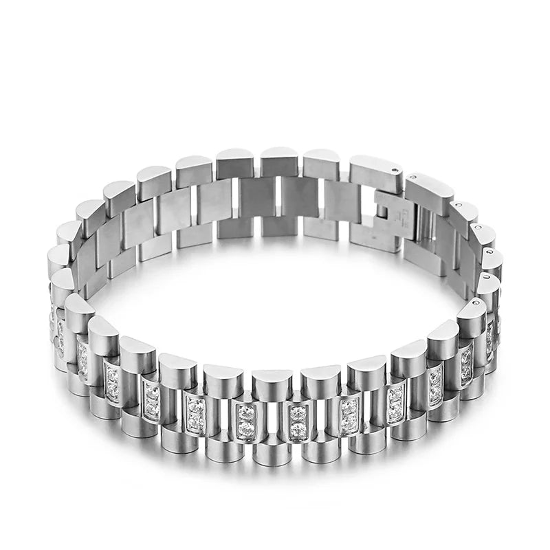 KALEN Hip Hop CZ Gold Silver Titanium Stainless Steel Biker Belt Bracelet for Men