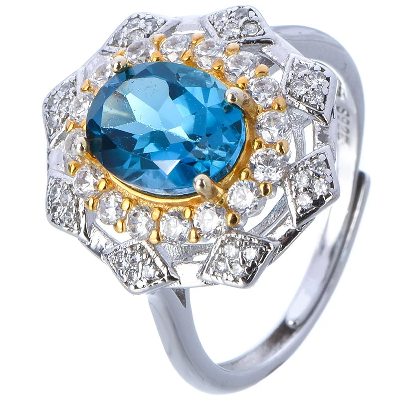 Gioiellieri High Quality 92.5% Sterling Silver Gold Plated Women's Luxury Classic Ring Natural London Blue Topaz Gemstone Oval Cut Party