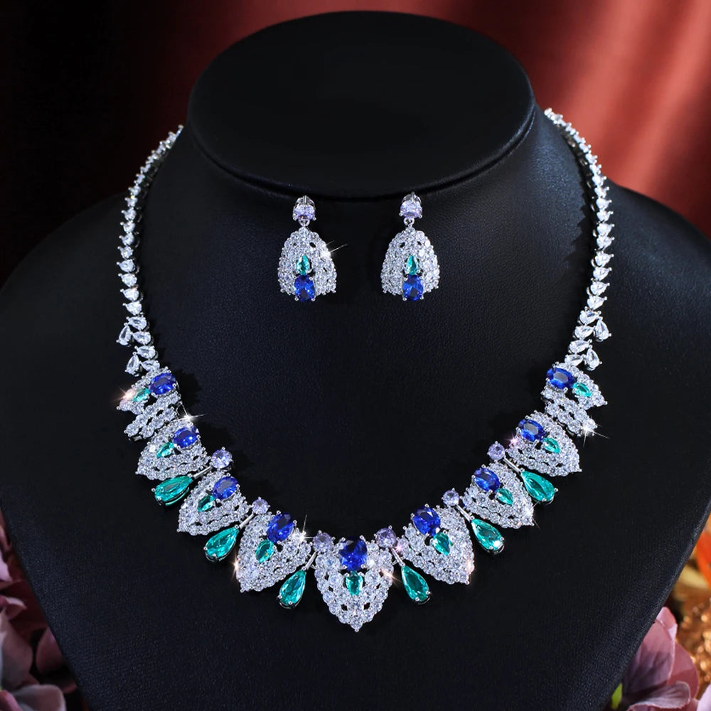 Luxury Brilliant Blue Synthetic Tanzanite Stone and Cubic Zirconia Shield Design Bridal Wedding Party Jewelry Set for Women