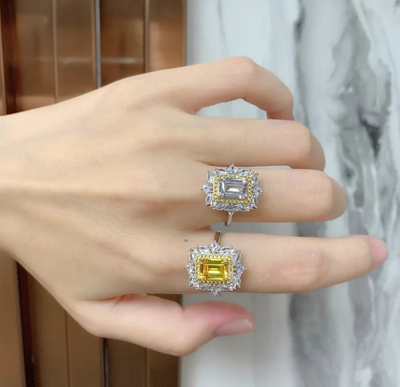 MuShan Jewelry Factory New Goose Yellow Rectangular 6 * 8mm Asche High Carbon Diamond 925 Pure Silver Ring for Women