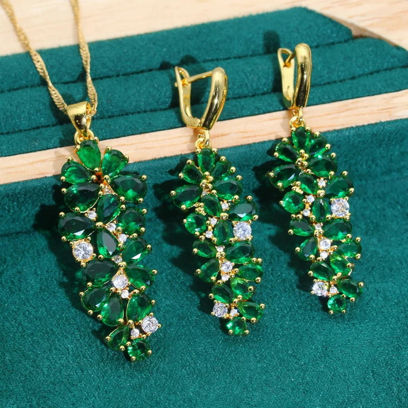 XOTICA Exquisite Green Zircon Gold Color Jewelry Set for Women Banquet Bracelet Earrings Necklace Pendant Ring for Wedding or Party