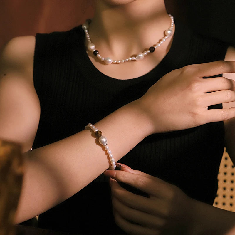 GLSEEVO Natural Freshwater Pearl & Tiger Eye Stone 2-Piece Jewellery Set — Necklace & Bracelet