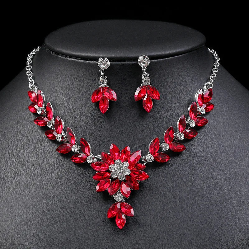 Princess Cut Crystal Flower Necklace & Earrings Jewellery Set | Retro Contrast Fashion Set