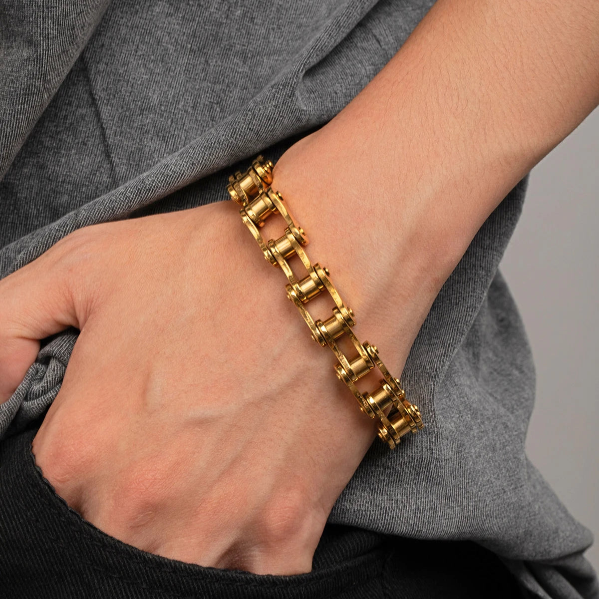 REBEL Stainless Steel Real Gold Plated Biker Chain Bicycle Link Bracelet for Men Street Stackable Hip Hop Tarnish Resistant