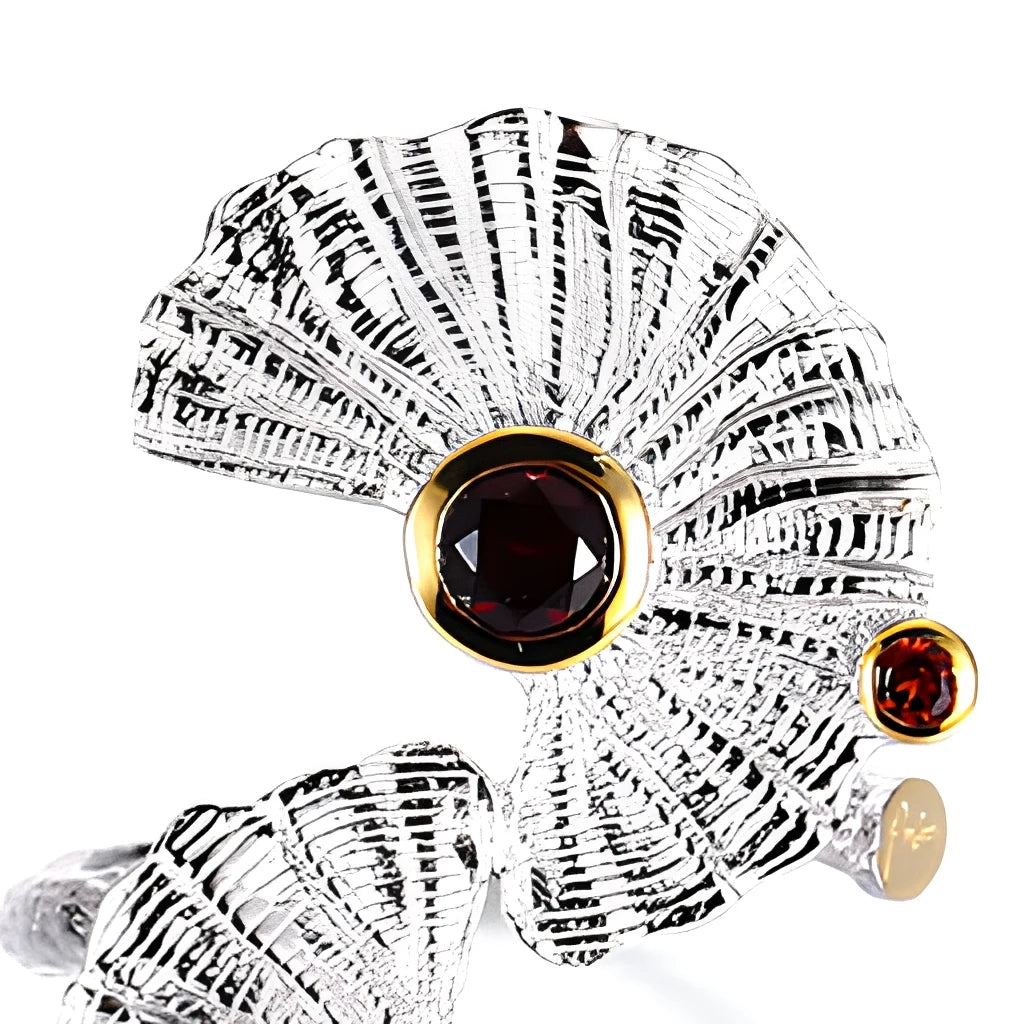 Unique Fan Design Garnet Stone 925 Sterling Silver Jewelry Ring with White Gold Plated