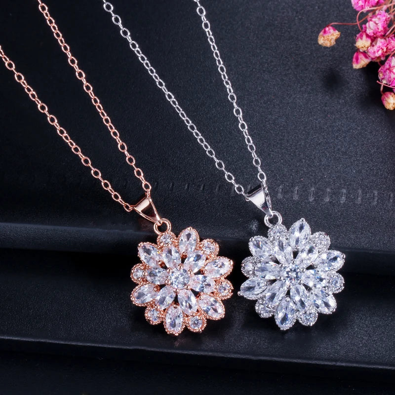 Sparking Clear White CZ Stone Rose Gold Color Women Flower Shaped Stud Earrings and Necklace Jewelry Set for Lady Fashion Gift
