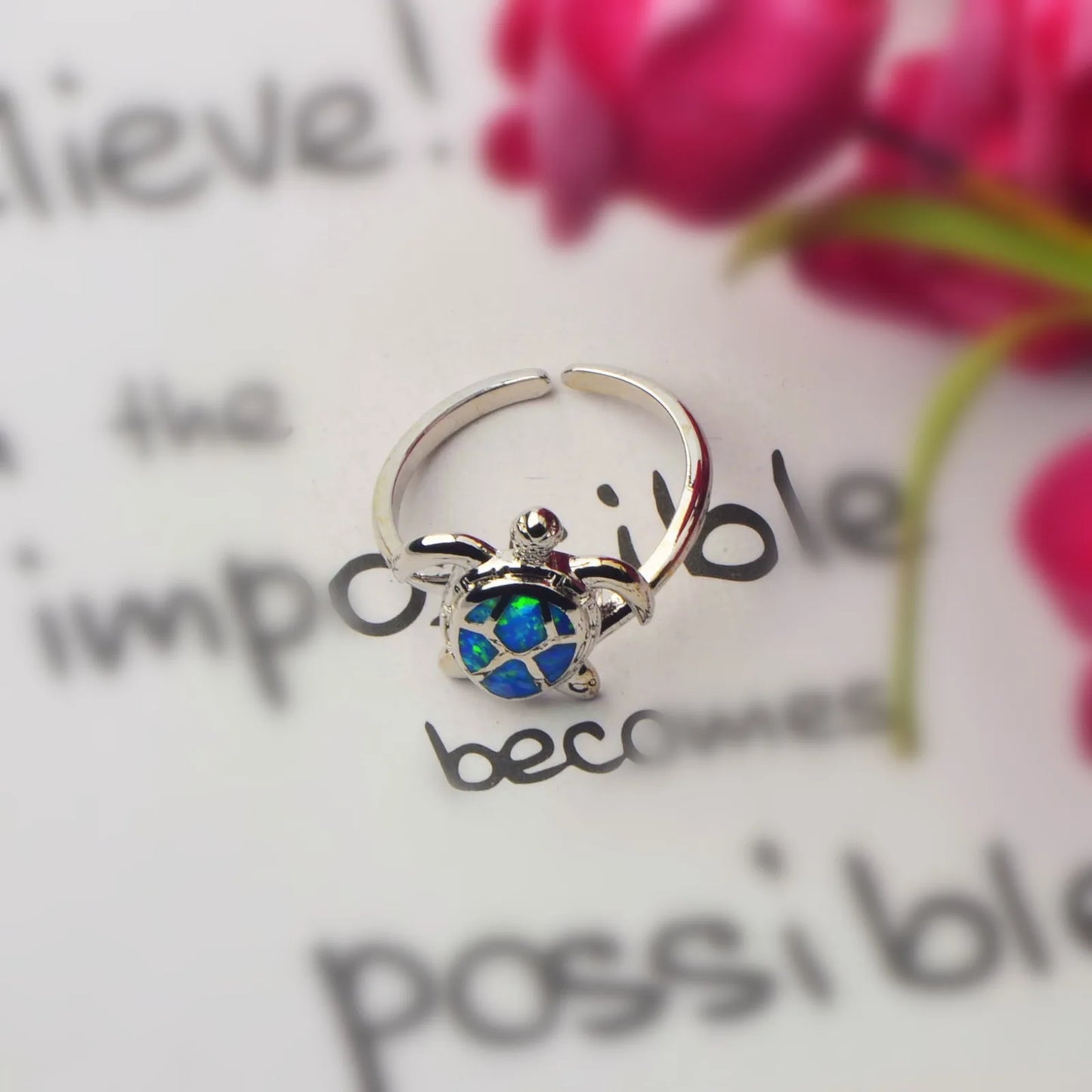 3D Sea Turtle Opal Open Ring | Blue Iridescent Gem & Zircon Accent | Stainless Steel Animal Jewelry for Women Trendy Style