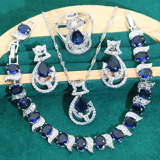 Blue Zircon 925 Silver Bridal Jewelry Set for Women Earrings Necklace Pendant Ring Bracelet for Wedding Party Birthday Gifts