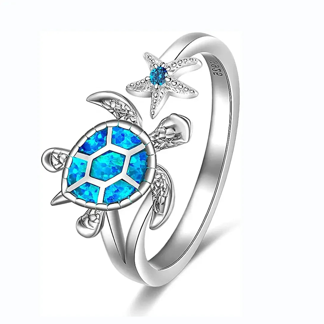 Ring | Iridescent Gem Inlay Turtle Shape Christian Lab Created Band | Modern Silver/Gold Plated Women's Trendy Fashion Jewelry