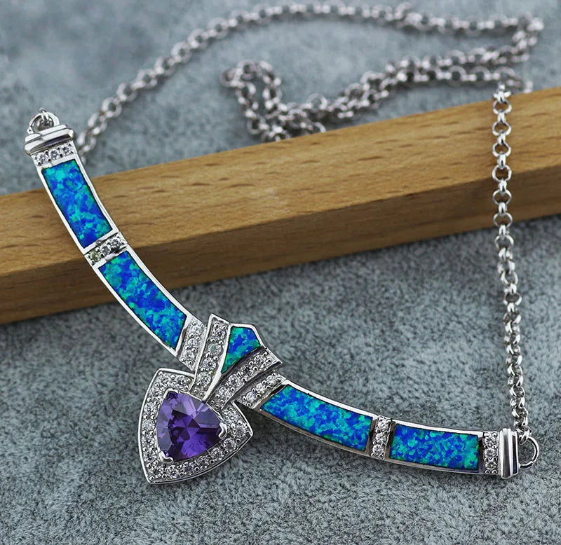 Aobao Silver Plated Copper Alloy Minimalist Geometric Opal Sweater Chain Necklace
