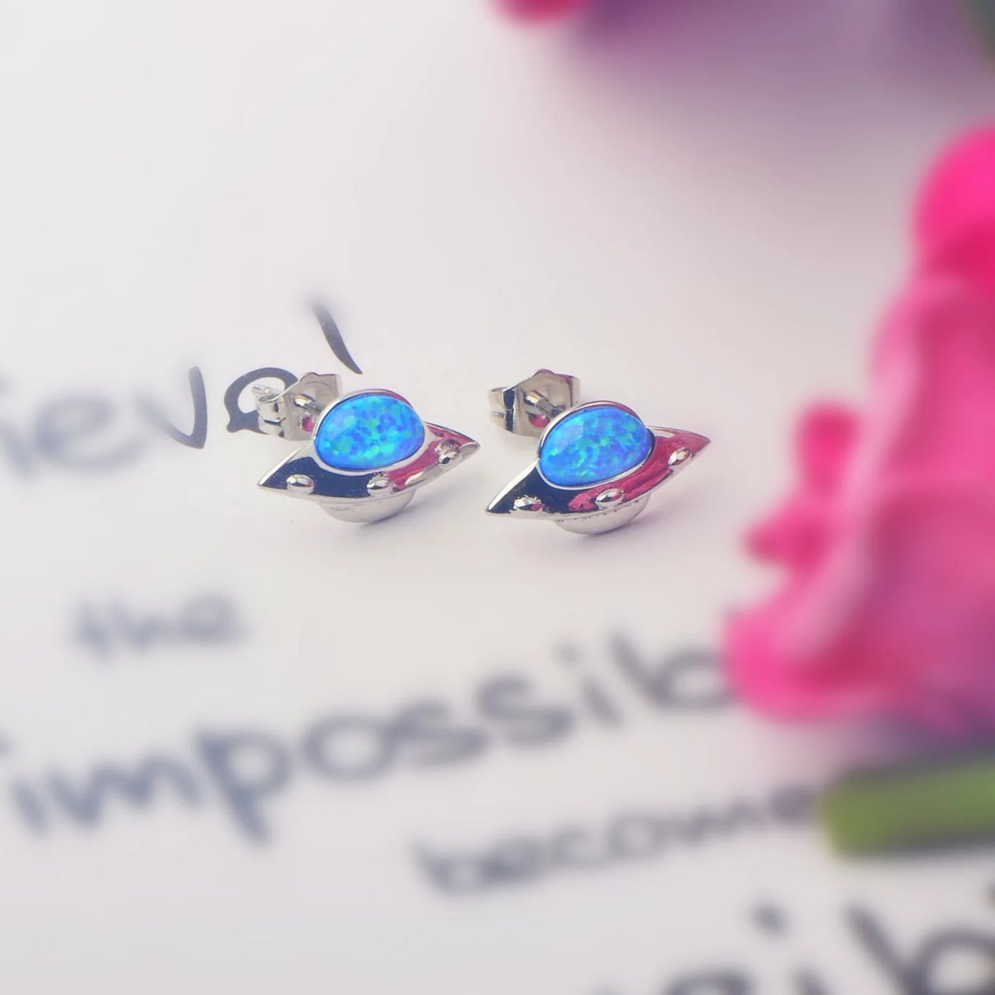 Tiktok Hot Sale Opal Stud Earrings Cute UFO Blue Opal Earrings for Girls Fashion Jewelry
