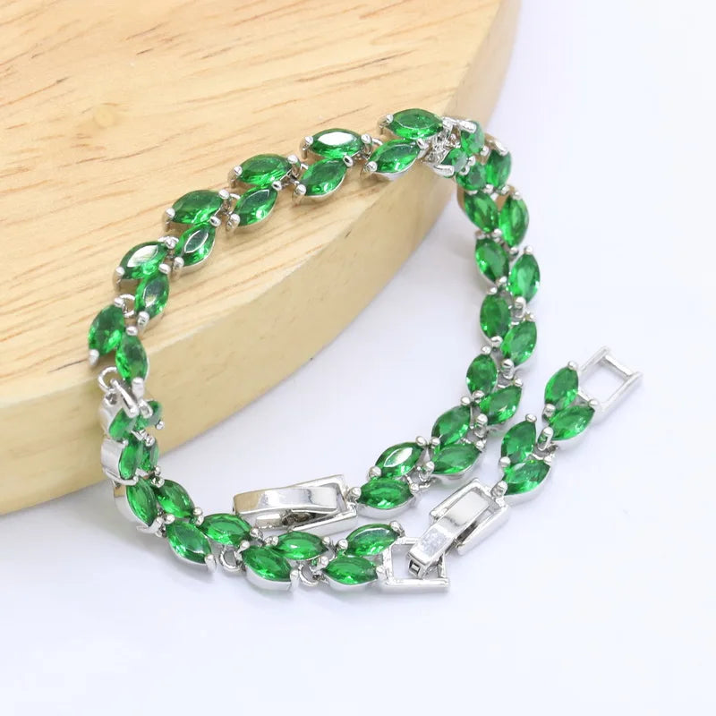 XOTICA Green Emerald White Gold Plated Jewelry Set for Women Bracelet Earrings Ring Necklace Pendant for Wedding and Party