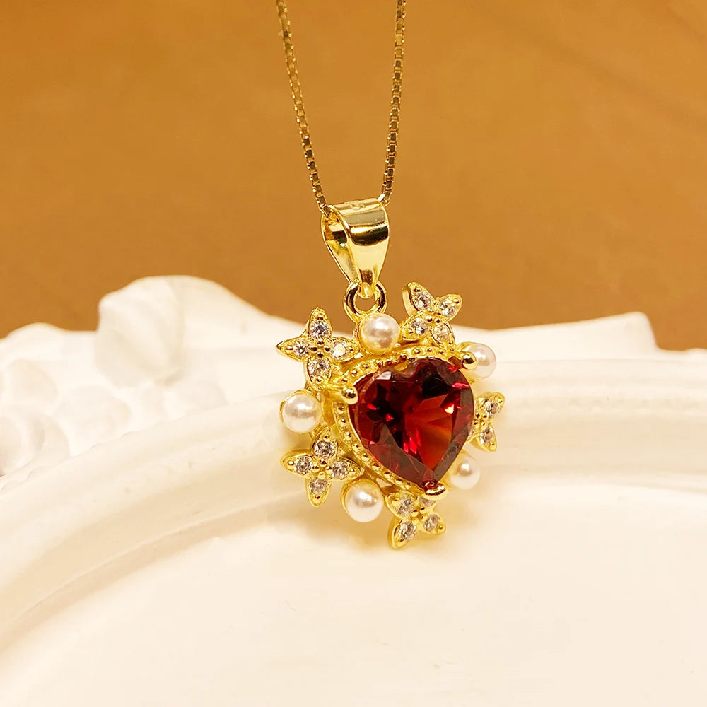 Gioiellieri Natural Garnet Pendant Necklace 925 Sterling Silver Rhodium Plated Luxury Jewelry for Trendy Engagement Anniversary Party Gifts