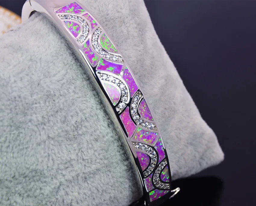 Shimmering Opal Bangle Aobao Greek Key Geometric Design Silver Tone Jewelry