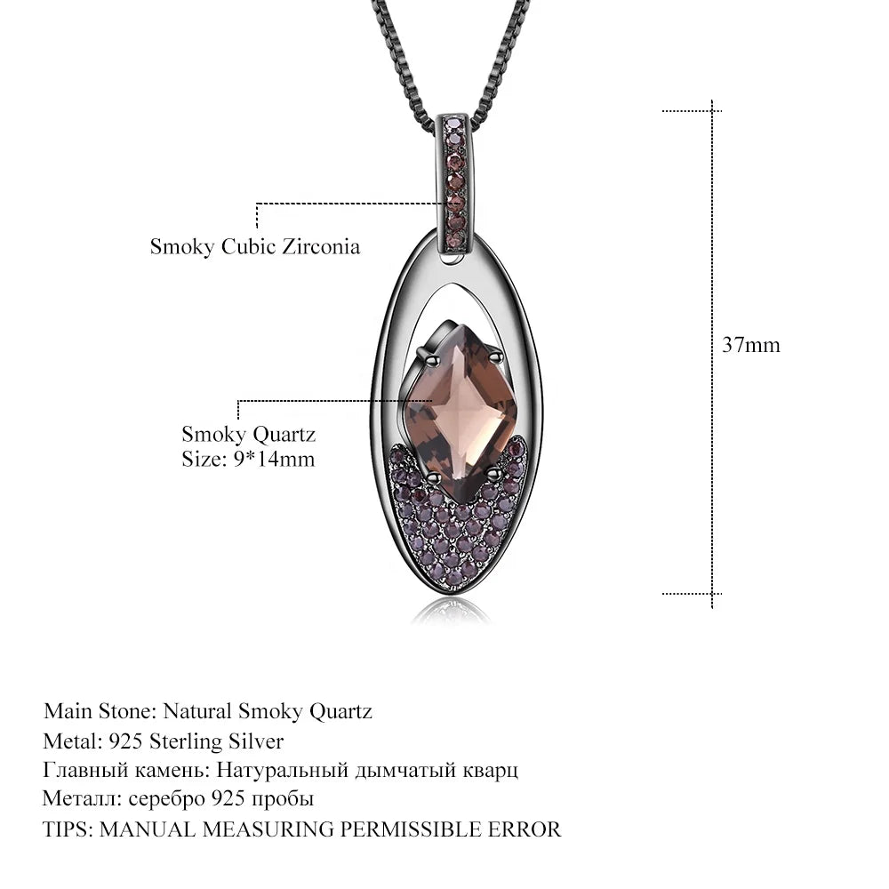 ArtistA Abiding Unique Design 925 Silver Gunmetal Plated Retro Lozenge Cut Natural Smoky Quartz Pendant Earrings Ring Fine Jewelry Set