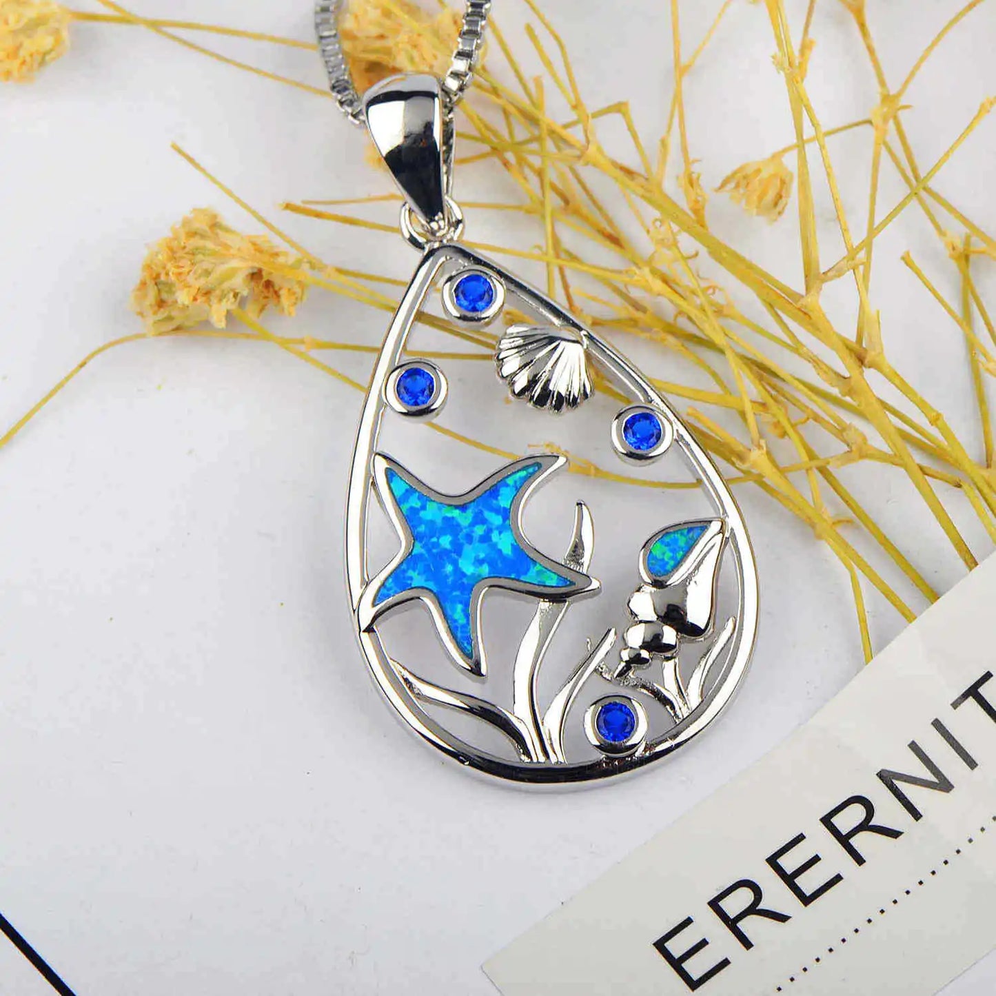 Fashion Trendy Christian Starfish Design Sparkling Blue Opal Silver Plated Copper Sweater Chain Necklace Women's Gift Occasion