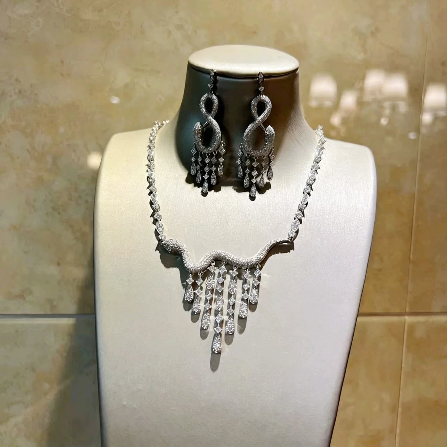 XM S425 Silver Plated Full Paved CZ Infinity Snake Wavy Tassel Choker Necklace & Figure-Eight Long Drop Earrings Set