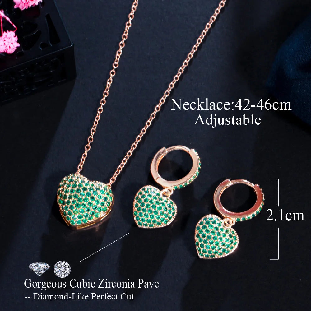 S&S Heart CZ Necklace & Earrings Set – White, Red, Blue & Green – Gold Plated – Collection