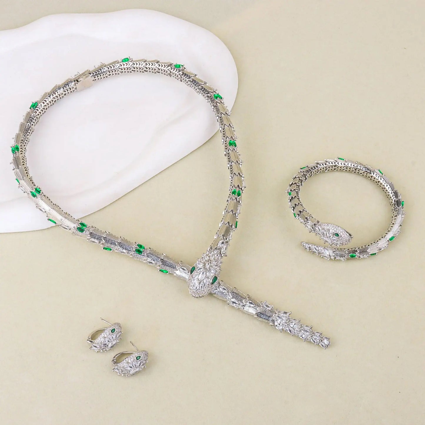 Luxury Snake-Design Zirconia Choker Necklace, Earring & Bangle Bridal Set — Gold & Rhodium Plated