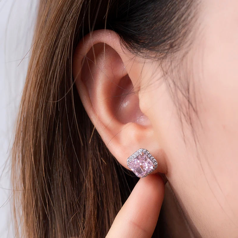 Messi Jewelry MSE-601  Silver 4CT Pink High Carbon Cubic Zircon Radiant Cut Fine Jewelry Earrings for Dating or Wedding