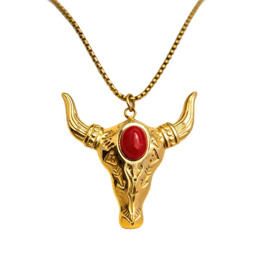Vintage Retro Trendy Cow Head Stainless Steel Bamboo Chain Necklace Unisex Cowboy Turquoise Pendant Luxury Zodiac Party
