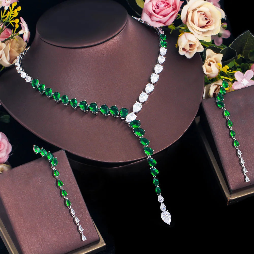 Luxury Green White Colour Zircon Water Drop Pendant Long Earrings Y Shape Necklace Women Party Tennis Necklace Chain Jewelry Set