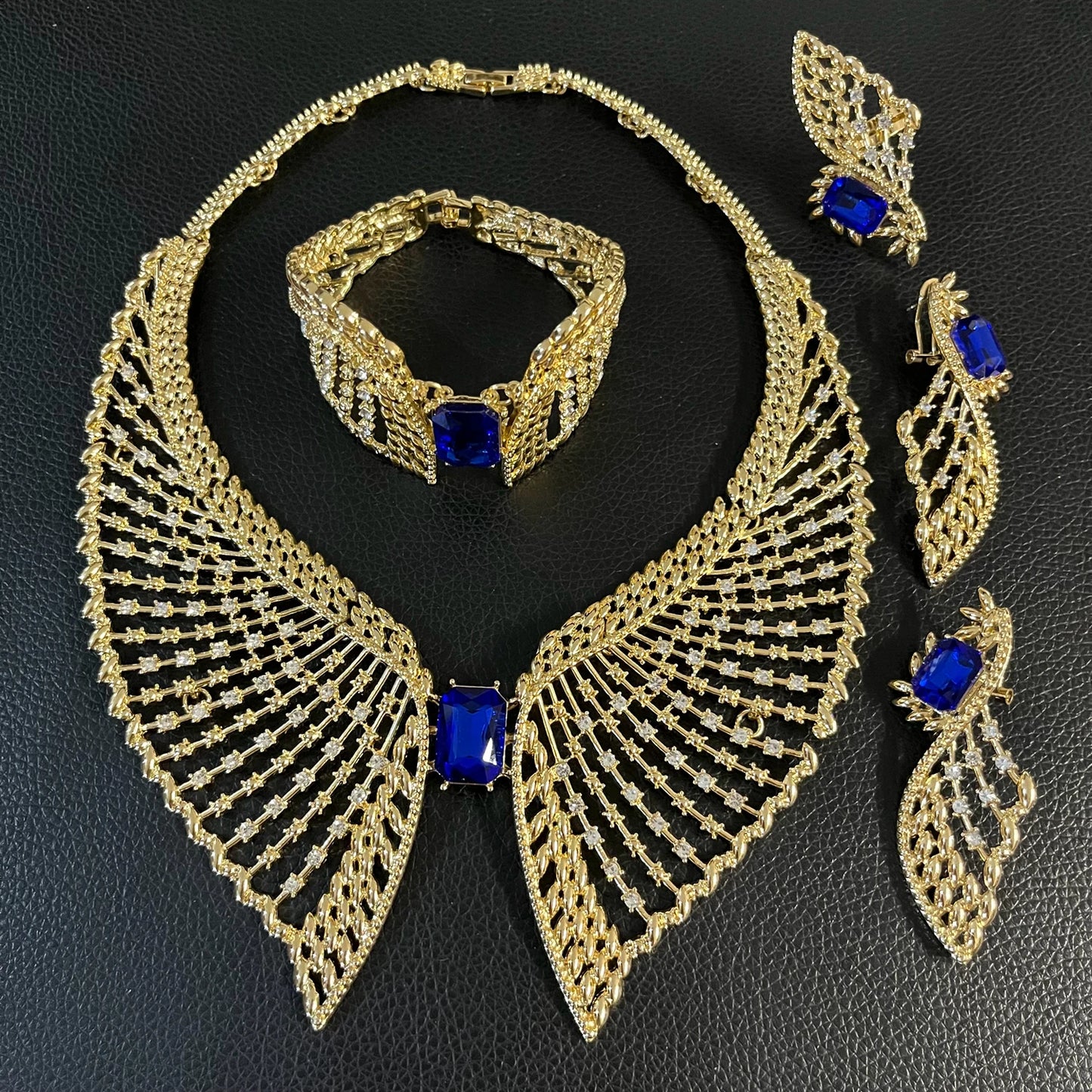 Zhuerrui Gold Plated Feather Design Necklace Bracelet Earrings Set with Blue Gemstones Rhinestones for Party Wedding 100029