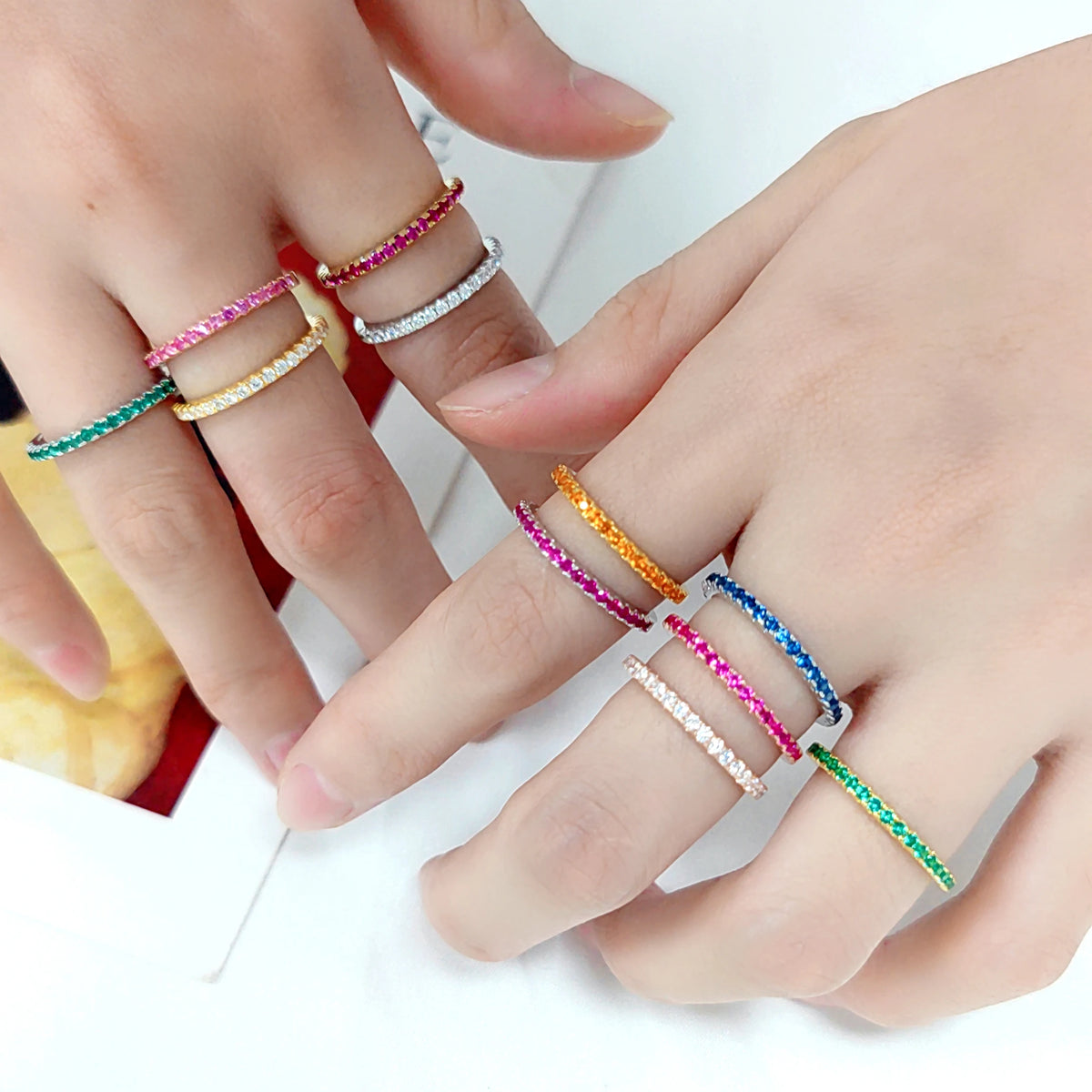 ArtistA KH069 Abiding Manufacturer 1.5MM Multiple Color Stone Waterproof 925 Silver Thin Gold Plated Band Rings