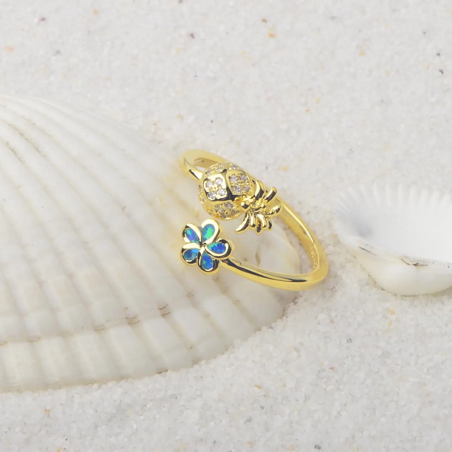Hawaiian Pineapple Flower Opal Brass Modern Bohemian Design Ring