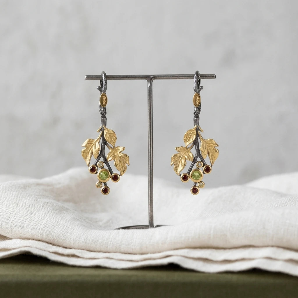 Italian Handmade Vintage Tree Leaves Peridot Stone 925 Sterling Silver 18K Gold Plated Women's Wedding Engagement Earrings