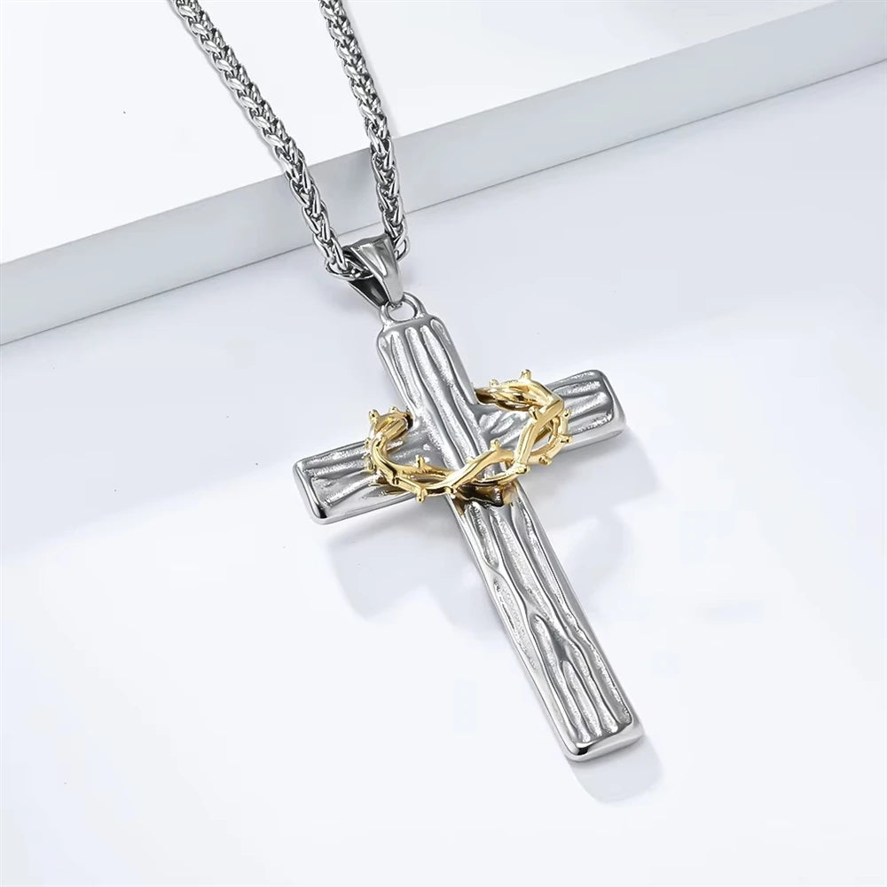 Hip Hop Wreath Wood Grain Religious Cross Anti Non Tarnish Free WaterProof Stainless Steel Fashion Jewelry Pendant Necklaces Men