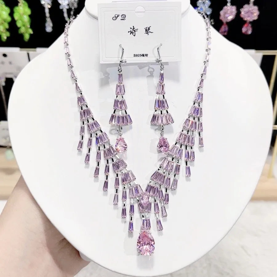 K072 High Quality Women Trendy Luxury Pink Tassel Zircon Bridal Necklace Earrings Set Wedding Elegant Jewelry Set